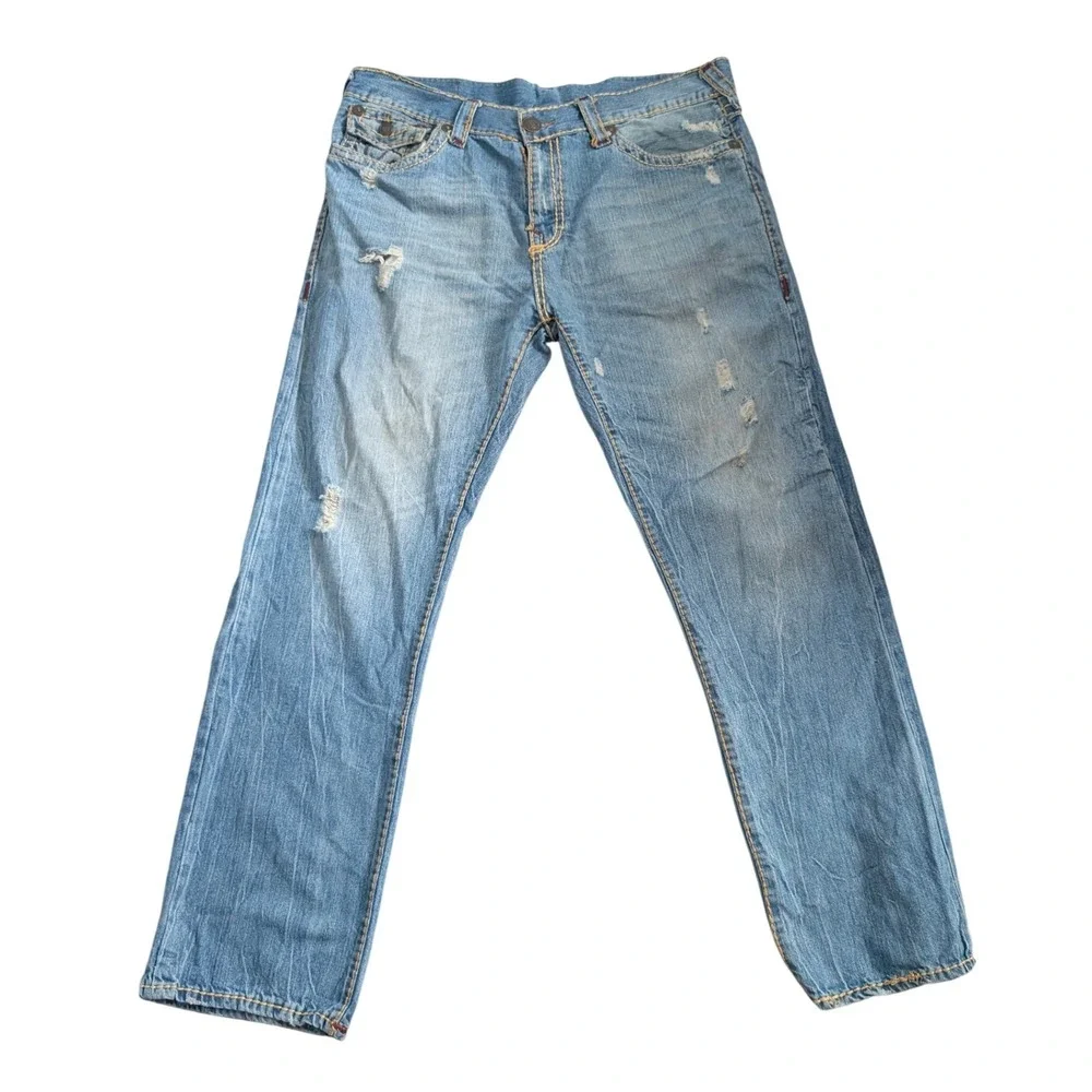 True Religion Ricky‎ Flap Super T Jeans Men 38x33 Relaxed Medium Wash Distressed